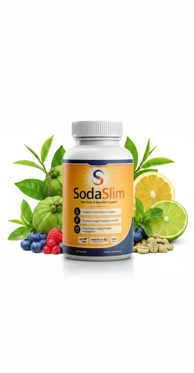 A single SodaSlim bottle standing among green coffee beans, garcinia fruit, raspberries, citrus and tea leaves